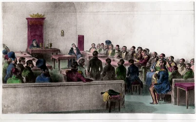 Assembléia Geral de Boyars (Boiard, Boiar), membros da aristocracia russa. Gravura do século XIX. Coleção privada.