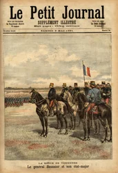O General Felix Gustave (Felix-Gustave) Saussier (1828-1905) e seu estado-maior revisaram as tropas em Vincennes. Gravação em "Le petit journal illustrious" 09/05/1891. A coleção de Selva.