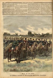 O general Félix Gustave (Félix-Gustave) Saussier (1828-1905), governador militar de Paris desde 1884, rodeado de adidos militares estrangeiros, passa as tropas em revista durante o desfile de 14 de Julho de 1891 na planície do Bois de Boulogne. Gravura em