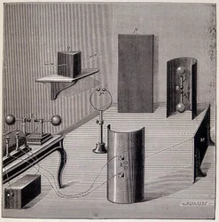 Layout geral das experiências de Heinrich Hertz (1857-1894) sobre ondas elétricas - em "Physique populaire" de Emile Desbeaux, Flammarion