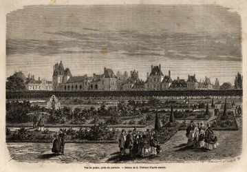 Vista geral do palácio e jardins de Fontainebleau, tirada do chão. Gravura para ilustrar uma descrição do castelo e floresta de Fontainebleau, em 1867, por M.Pays, no "Le tour du monde, nouveau journal des voyages" publicado sob o