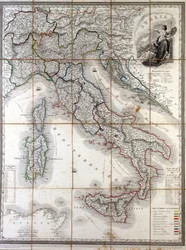Mapa geográfico de Itália em 1850 com a delimitação das fronteiras dos diferentes Estados que compunham o país antes do Risorgimento.