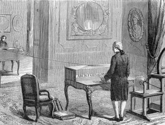 Georges Lesage, inventor do primeiro telégrafo electrónico em frente de um protótipo. 1774. Gravura do século XIX.
