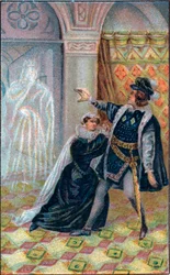 Gertrudes, Hamlet e o fantasma do pai de Hamlet. Em «Hamlet», de William Shakespeare. Cromolitografia do final do século XIX.