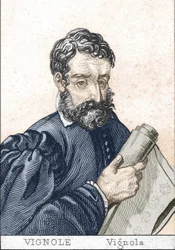 Giacomo Barozzi, dit il Vignola, em francês, Le Vignole, segurando um plano.