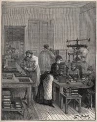 Douramento de livros (capas) em ferro numa oficina em França, no século XIX. Gravura a partir de 1885 em "Les arts et metiers illustres" de Adolphe BITARD.