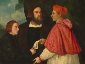 Girolamo e o Cardeal Marco Corner Investing Marco, Abade de Carrara, com o seu benefício, c.1520-1525 (óleo sobre tela)