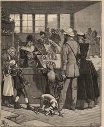 Arte em vidro: turistas comprando uma pérola soprada em uma fábrica de vidro em Veneza, Itália. Gravura de 1885 em "Les arts et metiers illustres" de Adolphe BITARD.