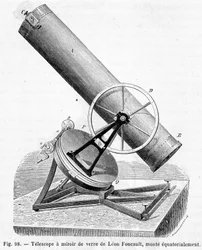Telescópio espelhado de vidro de Léon Foucault, montado equatorialmente - em "As maravilhas da ciência" de Louis Figuier