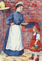Vai levar esse bolo e esse pote de manteiga à tua avó. Ilustração anônima de "The Little Red Riding Hood", conto de Charles Perrault (1628-1703), escritor francês. Imagery Marcel Vagne, Jarville Nancy, sem data (final do século XIX).