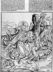Deus dá à luz a Eva da coxa de Adão - em "Crónicas de Nuremberga".