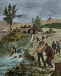 Corrida do Ouro: Procuradores de ouro na Califórnia lavando cascalho em um riacho com uma peneira, estabelecimento do Capitão Sutter. Gravura de 1885 em "Les arts et metiers illustres", de Adolphe BITARD.