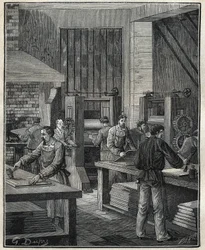 Ourivesaria: preparação da chapa, preparação do metal para a execução de uma prataria especial. Gravura a partir de 1885 em "Les arts et metiers illustres" de Adolphe BITARD.