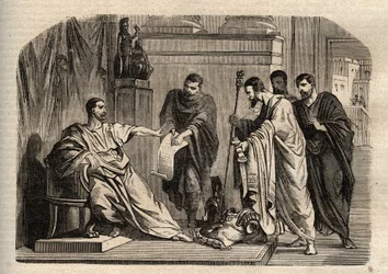 Gordian I (158-238) recusando a dignidade imperial - Gordian I (Marcus Antonius Gordianus Sempronianus Romanus Africanus) recusou a dignidade imperial - gravura em "Dictionnaire populaire illustrious" - 1864 - de Joseph Decembre e Edmond Allonier -