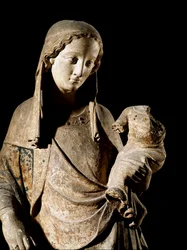 Arte Gótica: Detalhe "Virgem e Criança". Escultura em madeira. Paris do século XIV, Museu do Louvre.