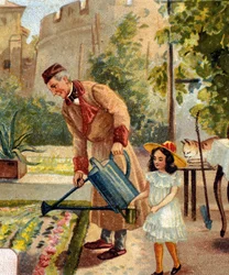 Jardinagem do avô com a sua filhinha cromolitografia no final do século XIX