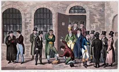 Prisão da Grã-Bretanha: A prisão de Newgate em Londres (muitas vezes referida nos romances de Charles Dickens) está sujeita à pena de morte. Gravado por volta de 1823. Bilbioteca de Artes Decorativas.