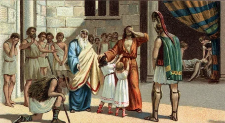 Grandes tragédias gregas: «Édipo Rei» de Sófocles. Édipo, cego, apoia-se em duas das suas filhas. À sua esquerda, o seu belo pai Creonte; à sua direita, o consolador Tirésias e um velho pastor que revelam a verdadeira identidade de Édipo. Ao fundo a ina