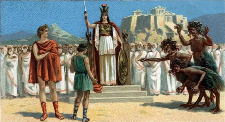 Grandes Tragédias Gregas: "A Orestia", de Ésquilo. Oreste apareceu perante o Areópago ou Supremo Tribunal de Atenas, presidido pela deusa Pallas Athene ou Minerva, assistida por Apolo. À direita estão os Eumenides (as três fúrias). Orestie está ausente.