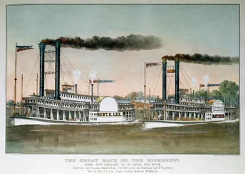 Grande Corrida de Barcos a Vapor no Rio Mississippi, de Nova Orleans a Saint Louis (estampa do século XIX)