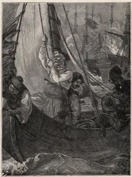 Guerra da Independência da Grécia 1821 - 1829: Constantino (Constantino) Kanaris (Konstantinos Canaris) queimando o navio-estandarte da frota turca antes de Chios
