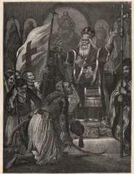 Guerra da Independência da Grécia 1821 - 1829: bispo Germanos (Germain) III de Old Patras (Georgios Gotzias) abençoa a bandeira da luta pela liberdade, mosteiro de Agia Lavra (Sainte Laure du Peloponnese), 21 de Março de 1821 - gravura após pintura