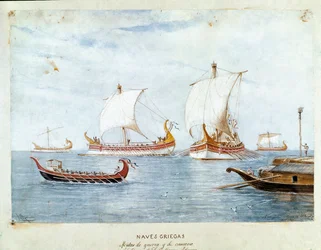 Navios de guerra e comércio grego (aguarela