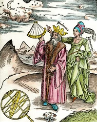 O astrônomo grego Claude Ptolemee (Claudius Ptolemaeus) (cerca de 90-around 168 AD) usando um sextante e astronomia. Gravura a partir de 1503. Coleção Particular