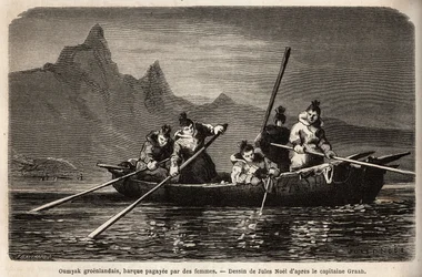 Gronelândia Umyak, tipo de barco operado por mulheres. Gravura para ilustrar a viagem ao mar livre do pólo Ártico, pelo Dr. Hayes, cirurgião da Marinha dos Estados Unidos, em 1860-1862, publicada no "Le tour du monde, nouveau journal des voyages", editado 