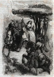 Griffon meets Origille - gravura de 1851 de "Furious Roland" (Orlando furioso) (século XVI) de Ludovico Ariosto, conhecido como Ariosto - Edição traduzida do italiano pelo Conde de Tressan e publicada por Gustave Harvard 1851