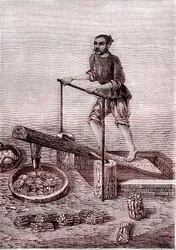 Moagem e trituração de pedaços de bambu, fabrico de papel na China (século III a.C.) (gravura)