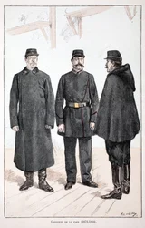 Guardiães da Paz (1873-1894). Gravura colorida, para ilustração do livro "Histoire du corps des gardiens de la paix" publicado sob os auspícios de Louis Lepine (1846-1933) prefet de police de la Seine, de Alfred Rey (1864-?) e Louis Feron