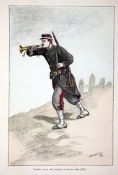 Guardiães da paz durante a segunda sede da Comuna de Paris (1871). Eau forte en couleurs, para ilustração do livro "Histoire du corps des gardiens de la paix" publicado sob os auspícios de Louis Lepine (1846-1933) prefet de police de la Seine,