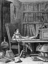 Guillaume Gilbert (1540 - 1603) escrevendo o seu tratado "De arte magnetica" por volta de 1600. Gravura do século XIX
