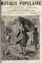 Guillaume Joseph Rousselle (Roussel), dit Cadet Rousselle (1743-1807), oficial de justiça francês, sob a chuva na rue de Paris. gravada no jornal semanal "La musique populaire" Illustrée - 1881