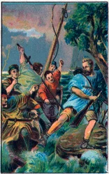 Guillaume Tell (William Tell) (heróis lendários da independência suíça) foge do barco de Gessler. Cromolitografia do final do século XIX.