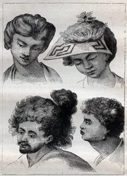 Penteados dos habitantes de Taiti (Tahiti) - ilustração tirada de "Os Grandes Marinheiros do século XVIII".