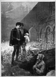 Hamlet no cemitério depois da peça de William Shakespeare (1564-1616). Gravura em "Le Monde Illustré" (O Mundo Ilustrado)