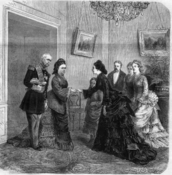Entre Elisabeth de Mac Mahon (1834-1900) e a Impressora austríaca Elisabeth de Wittelsbach (1837-1898) (Sissi) durante a visita do Presidente da República Francesa Patrice de Mac-Mahon (1808-1893) à Áustria. 1875. Gravura em "O Universo