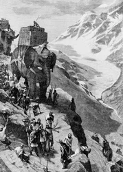 Aníbal atravessa os Alpes com elefantes e chega à Itália em 218 AC. (Segunda Guerra Púnica). Gravura do século XIX.