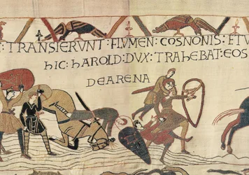 Harold arrasta soldados normandos da areia movediça, Tapeçaria Bayeux (bordado de lã em linho)