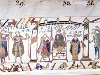 Haroldo II (1022 - 1066) foi proclamado rei na morte de Eduardo, o Confessor, em 1066, mas logo morreu na Batalha de Hastings. Tapeçaria ou bordado Bayeux pela Rainha Mathilde