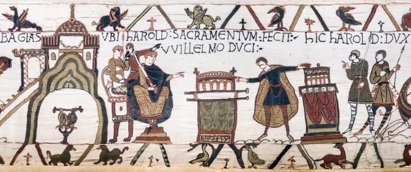 Harold faz um juramento sagrado a William na Bayeux, Bayeux Tapestry (bordado de lã em linho)