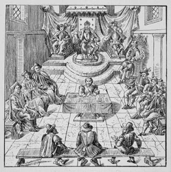 Henri III (1551 - 1589) com as Fazendas Gerais em Blois em 1576 - em "Coleção de 39 figuras representando as calamidades da França de 1562 a 1586"; Louis Perrin imprimerie