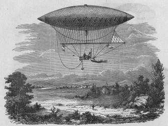 Henry Giffard está testando um aerostato a vapor de 44 metros de comprimento. In" Album de la Science", Éditions Jouvet