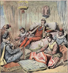 Henrique III (1551 - 1589) e as suas cuecas. O rei (Henrique III; 1551 - 1589) senta-se atrás; tem os seus pés Fitas de trança de Quelus e Maugiron; Schomberg faz uma tapeçaria... de O e Epernon olha para fora das aberturas, finalmente Chicot senta-se num 
