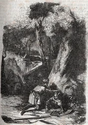 Hermonides derrubada e resgatada por Zerbin - Gravura de 1851 de "Furious Roland" (Orlando furioso) (século XVI) de Ludovico Ariosto, conhecido como Ariosta - Edição traduzida do italiano pelo Conde de Tressan e publicada por Gustave Harvard 1851