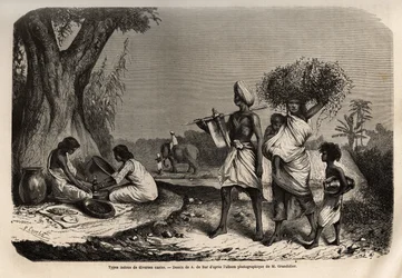Tipos hindus de várias castas, uma família de vaysias (comerciantes), ao pé da árvore, duas mulheres da casta sudras