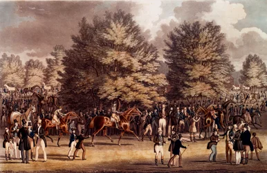 Hippismo: a preparação antes da corrida em Epsem, Inglaterra. Litografia da coleção privada de 1836