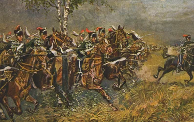 Cartão postal histórico com motivo de guerra, ataque às tropas prussianas, Alemanha